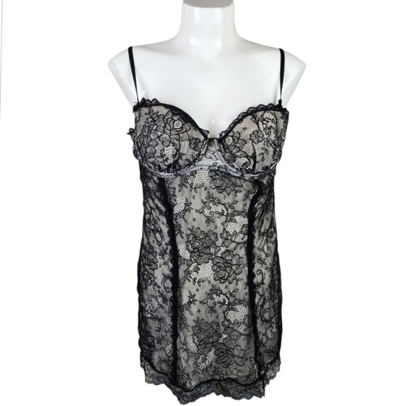 Victoria's Secret Sexy Little Things Lace Babydoll Slip Dress Black Cream 36C - Picture 1 of 15